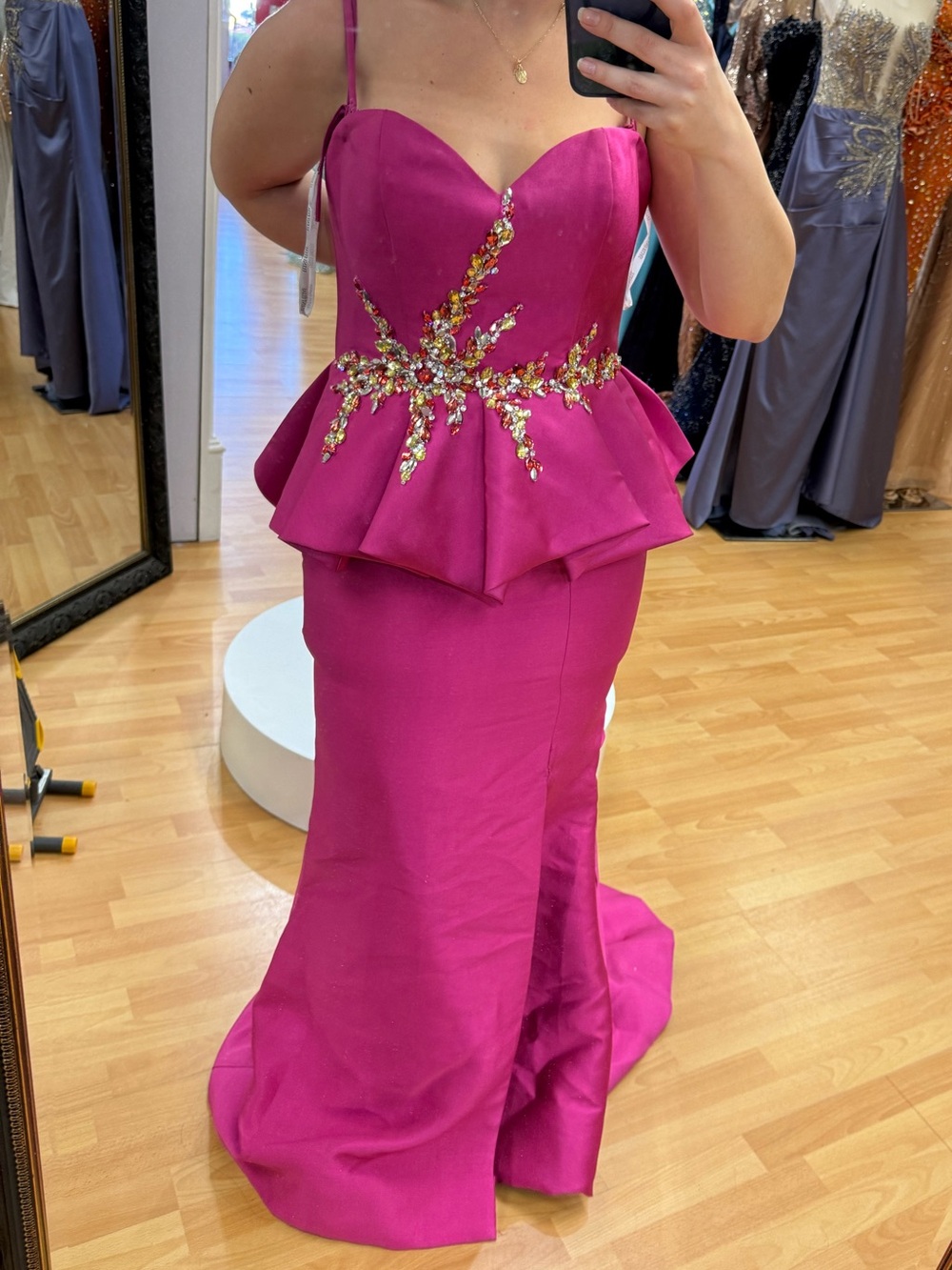 Strapless Peplum Evening Gown in Fuchsia with Crystal Accent